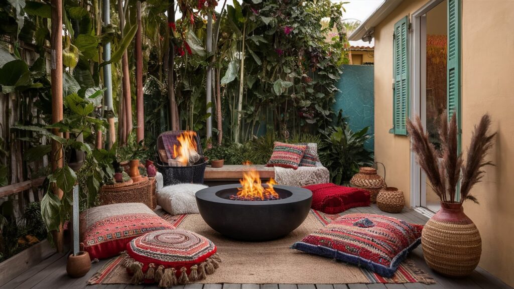 Boho Patio With A Fire Pit And Floor Cushions