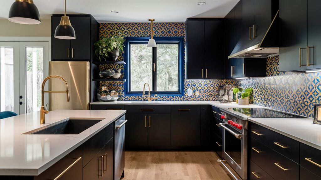 Bold contemporary kitchen featuring matte black cabinets