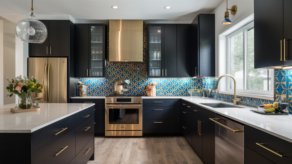 Bold contemporary kitchen featuring matte black cabinets