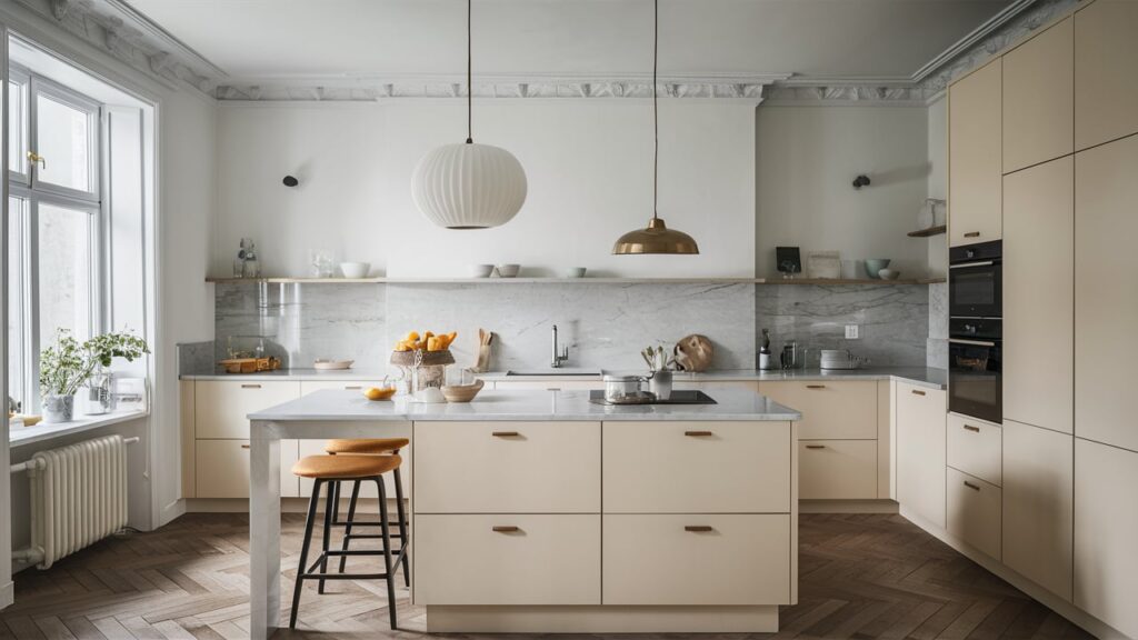 Bright Scandinavian kitchen with marble countertops