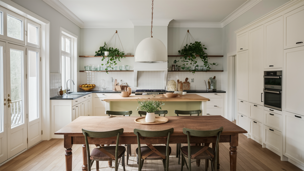 Bright, airy Scandinavian kitchen with a large wood dining table