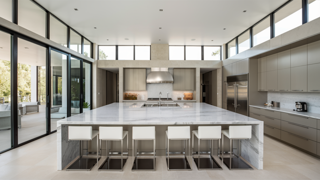 Bright, airy modern kitchen with floor-to-ceiling windows