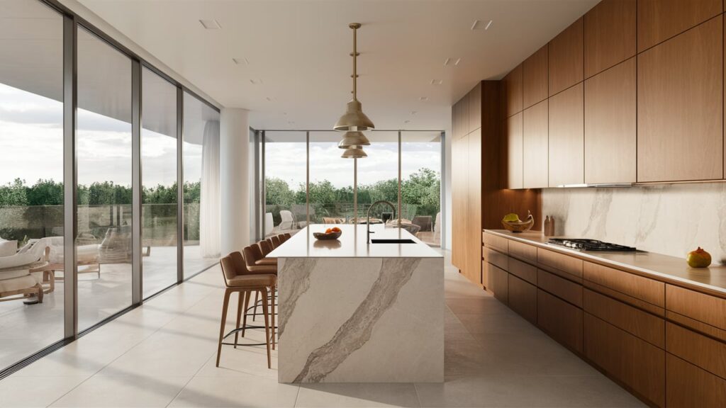 Modern kitchen with floor-to-ceiling windows, marble countertops