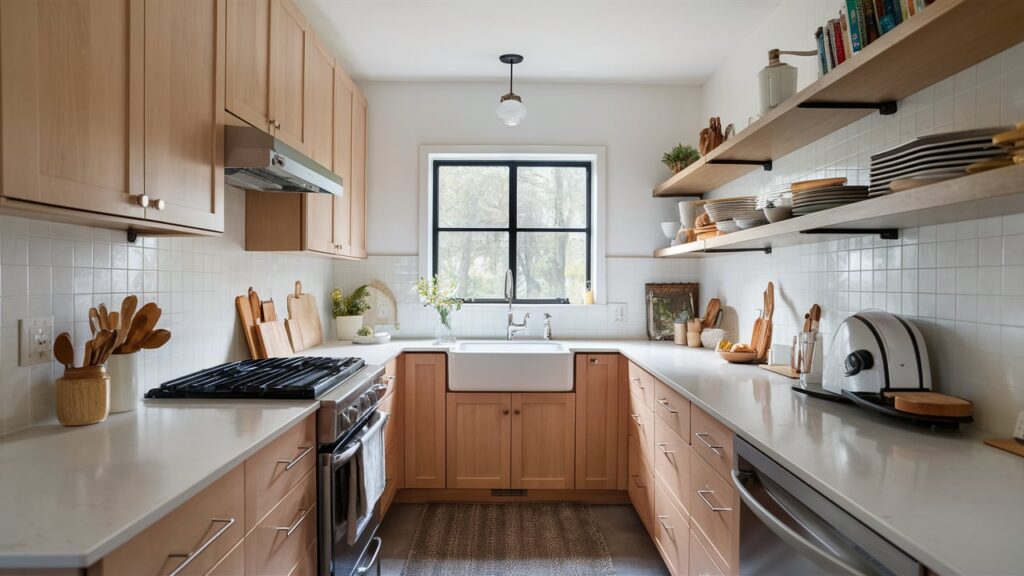 Bright and airy galley kitchen with light-colored cabinetry,