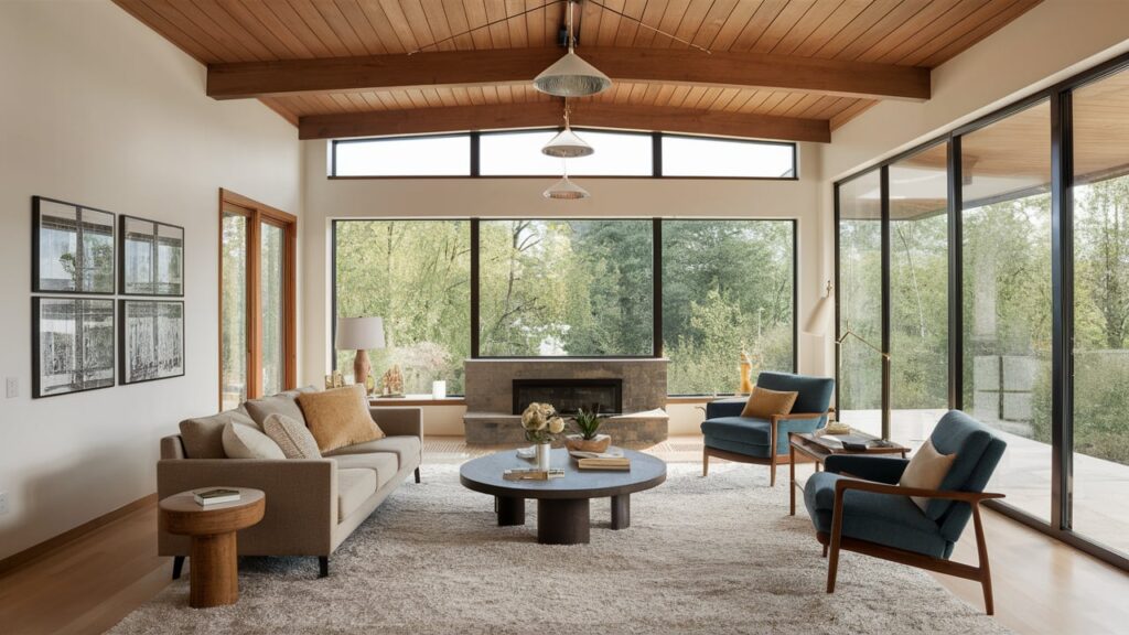 Bright modern mid-century living room with clean lines, large windows