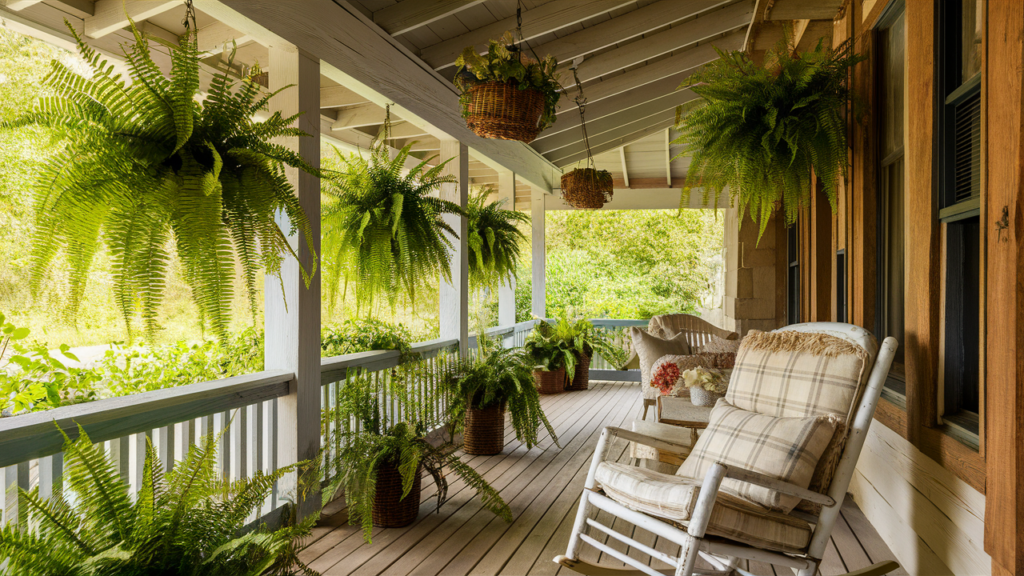 Charming Porch-style Patio With Hanging Ferns