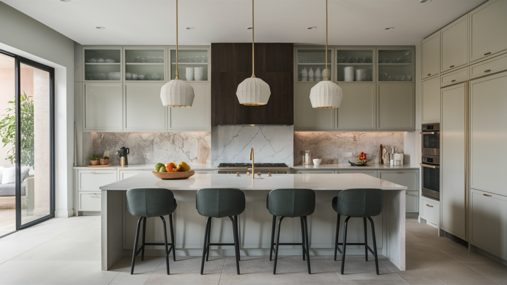 Chic and luxurious kitchen with soft gray tones, a large breakfast bar