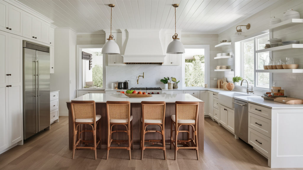 Coastal-inspired white and wood kitchen with natural oak