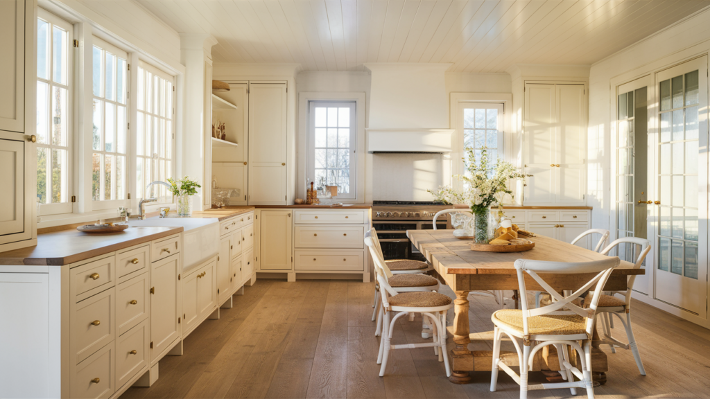 Coastal-inspired white and wood kitchen with natural oak flooring