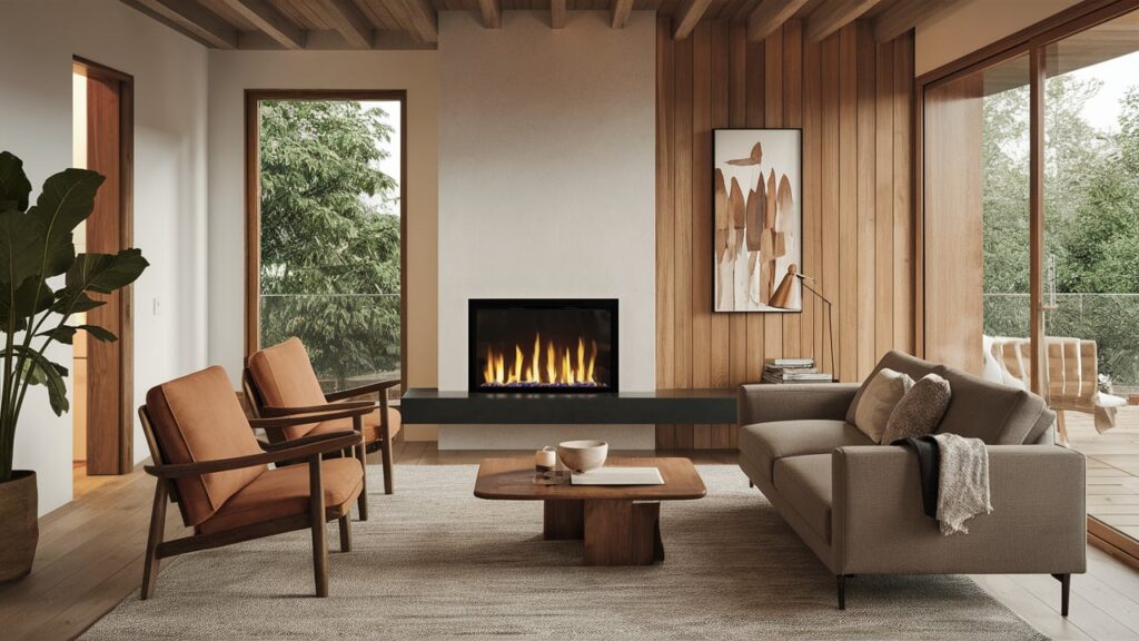 Compact corner fireplace with sleek