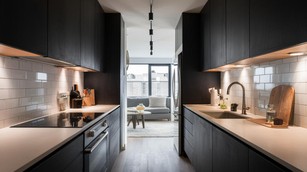 Compact galley kitchen with minimalist design, dark cabinetry