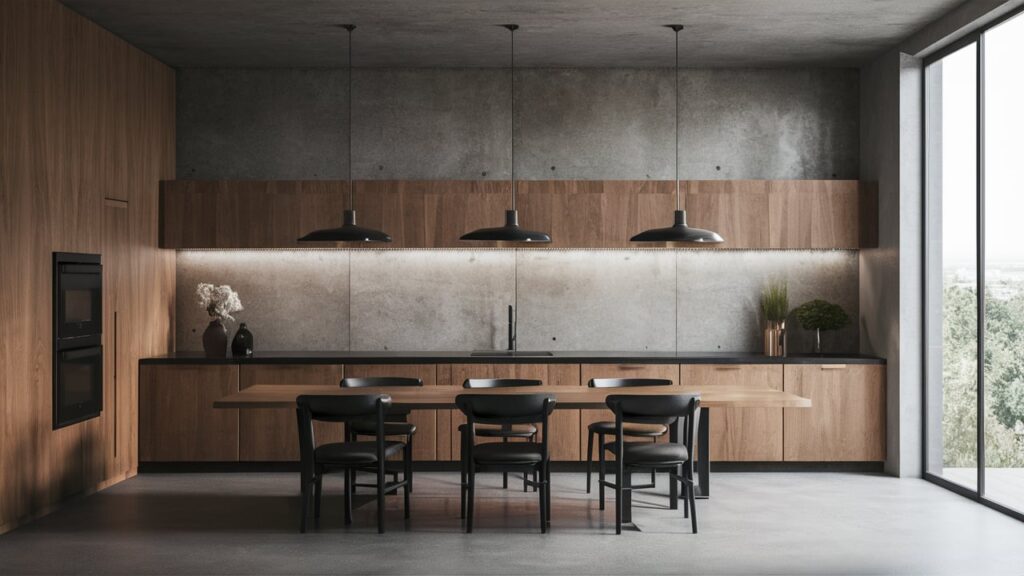 Concrete backsplash with a raw, industrial feel, creating a bold, minimalist design