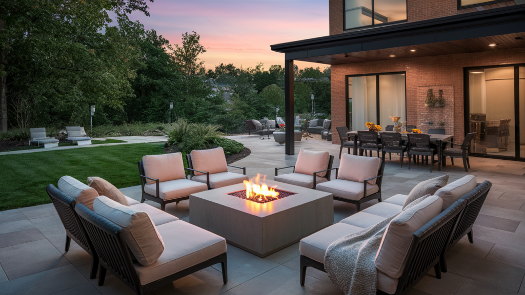 Contemporary Patio With Fire Pit Table