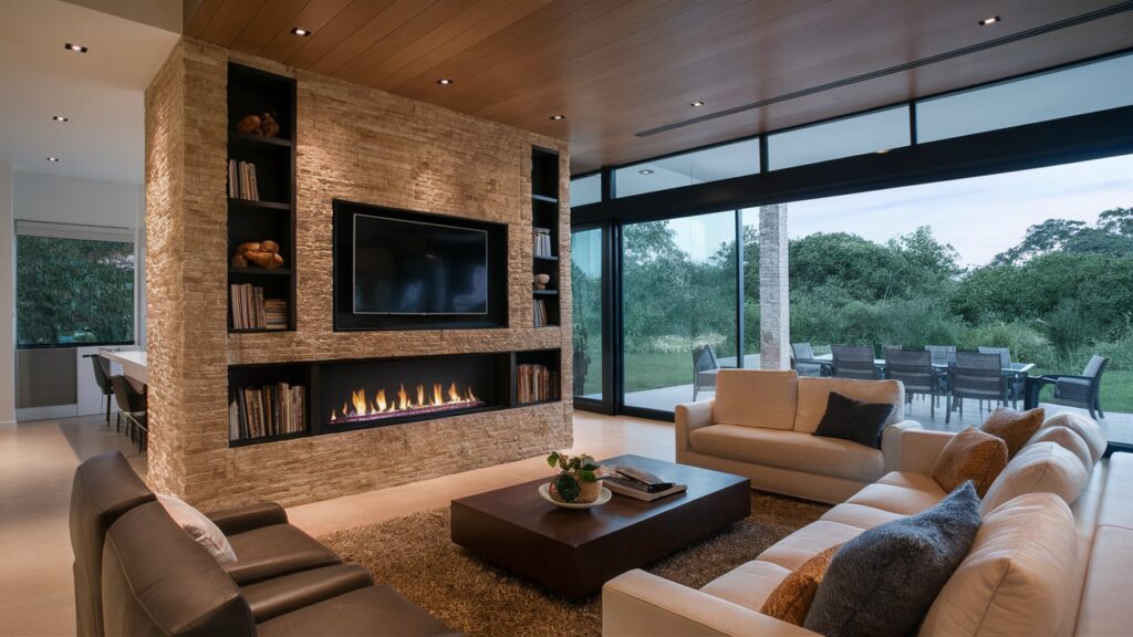 Contemporary Stone Fireplace With Hidden Tv