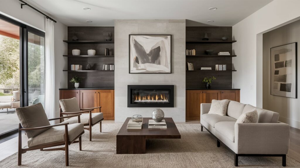 Contemporary built-in fireplace with a floating wood