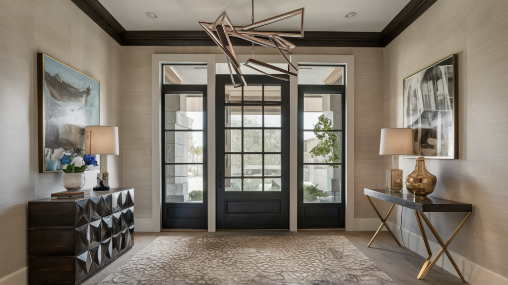 Contemporary chandelier with bold Hall Room