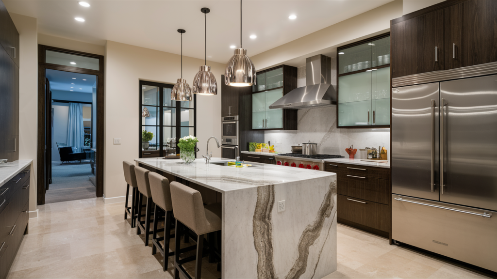 Contemporary kitchen with a waterfall island made of marble