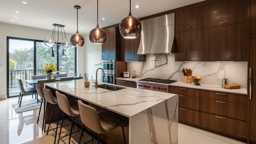 Contemporary kitchen with glossy marble countertops