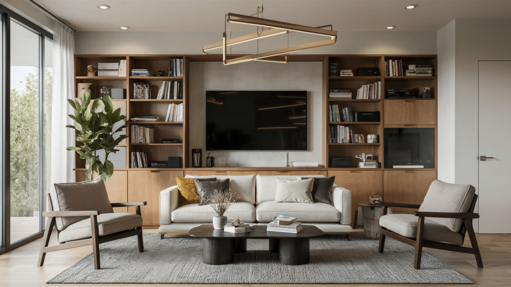 Contemporary living room with open floating shelves