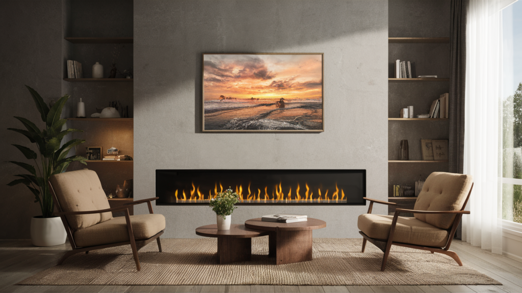 Contemporary, Minimalistic Fireplace With A Sleek Metal Frame