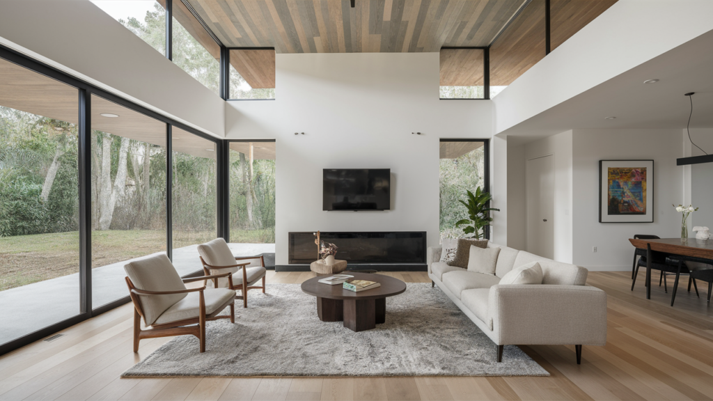 Contemporary modern mid-century living room with minimalist design