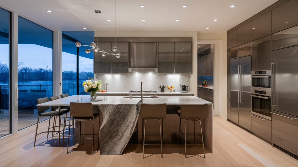 Contemporary open-concept kitchen with a waterfall island