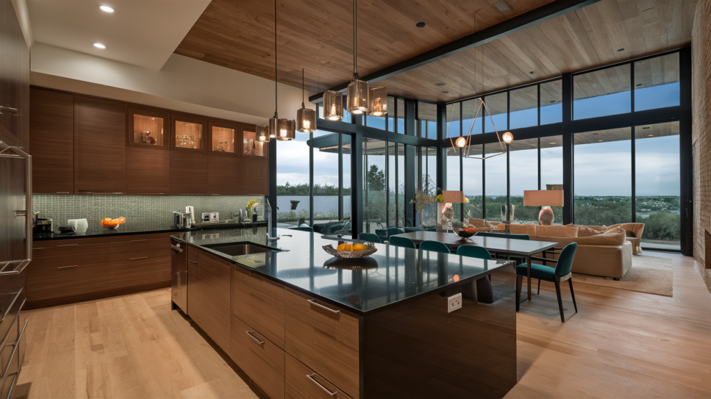 Contemporary open-concept kitchen with sleek black countertops