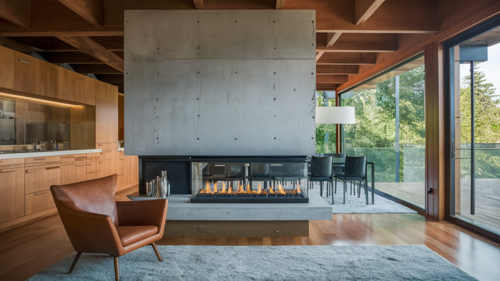 Contemporary two-sided fireplace with floating concrete