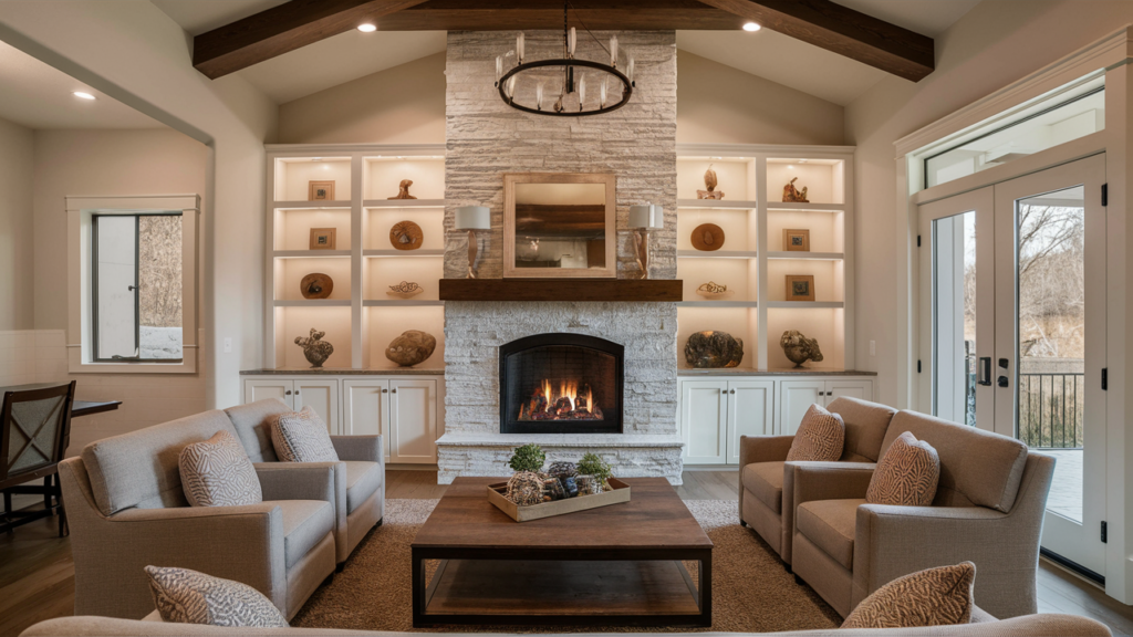 Cozy built-in fireplace with a whitewashed stone surround