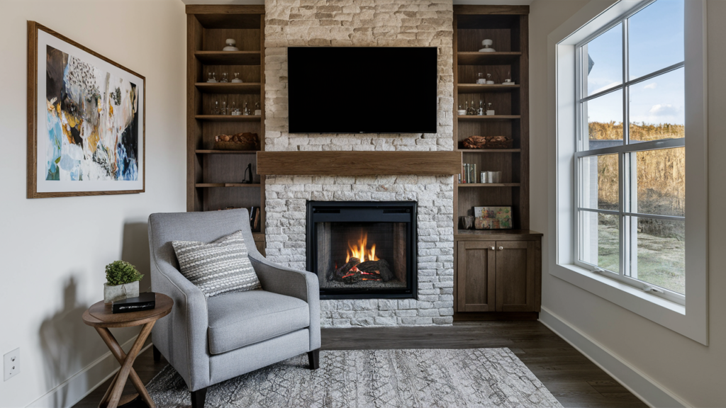 Cozy corner with a gas fireplace, TV mounted above