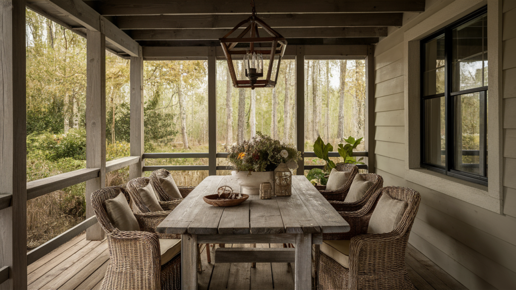 Cozy Farmhouse Patio With A Weathered Wooden Dining Table