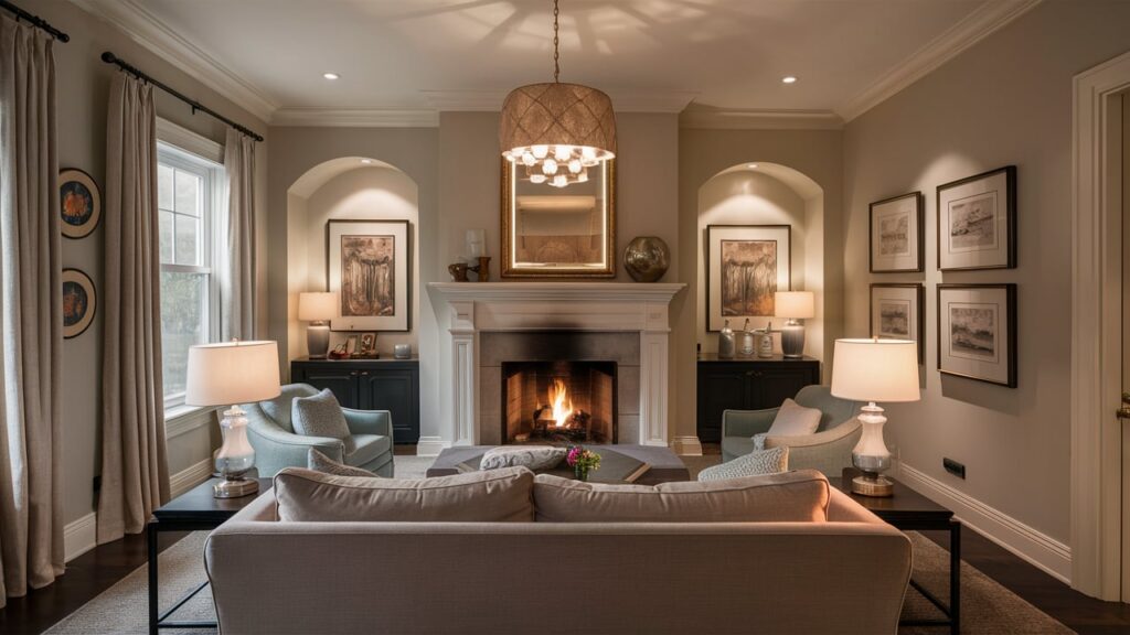 fireplace room with a plush sofa facing the hearth