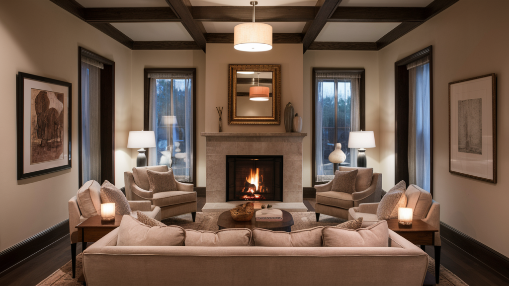 Cozy fireplace room with a plush sofa facing the hearth