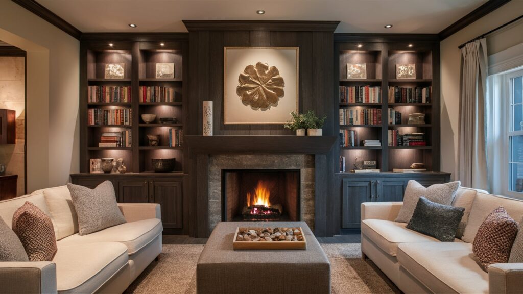 Cozy Fireplace With Dark Wood Shelving, Accent Lighting