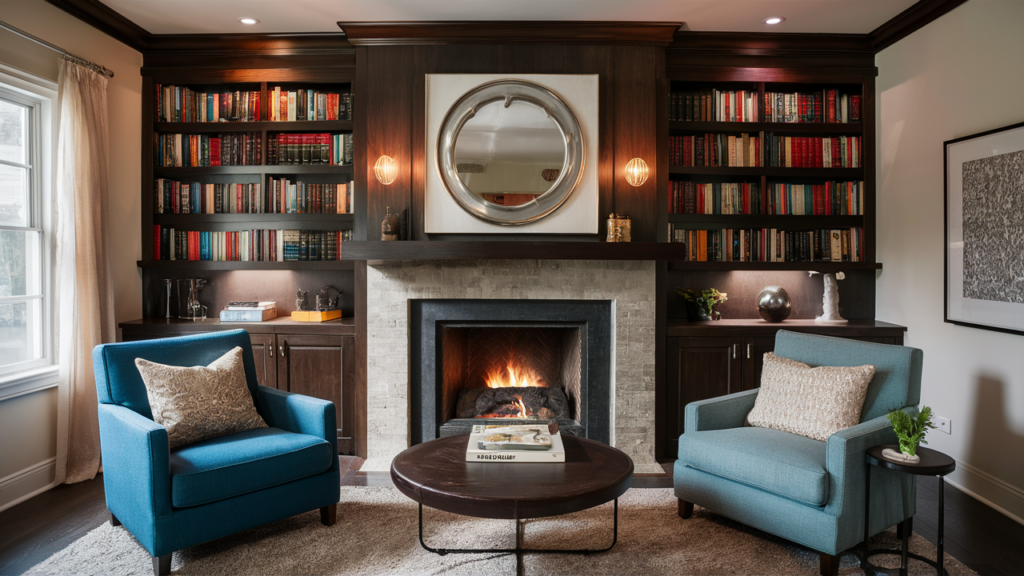 Cozy fireplace with dark wood shelving, accent lighting