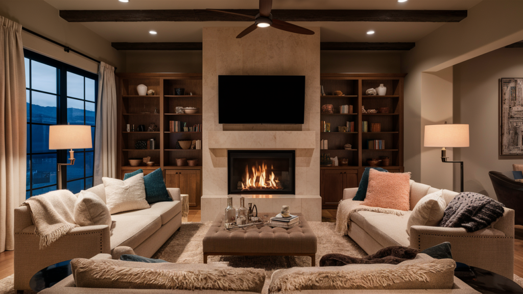 Cozy living room with a centered fireplace as the focal point