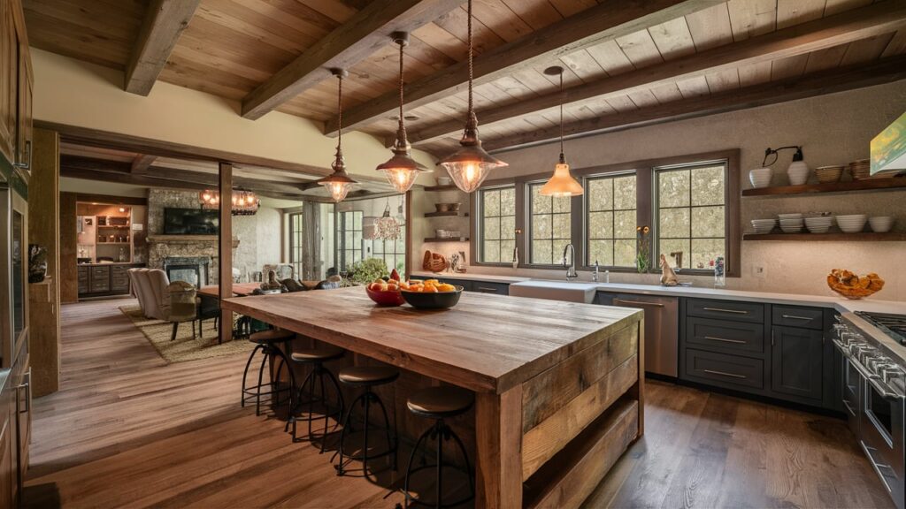 Cozy rustic kitchen with a large, reclaimed wood dining island