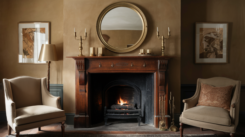 Cozy vintage fireplace with a rustic wooden mantel