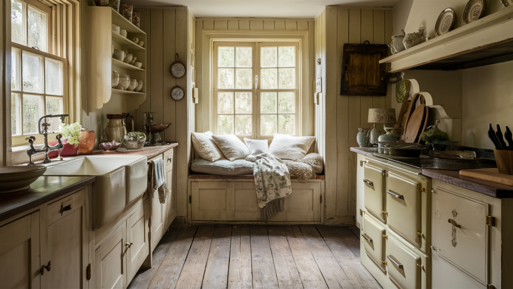 Cozy vintage kitchen featuring antique crockery