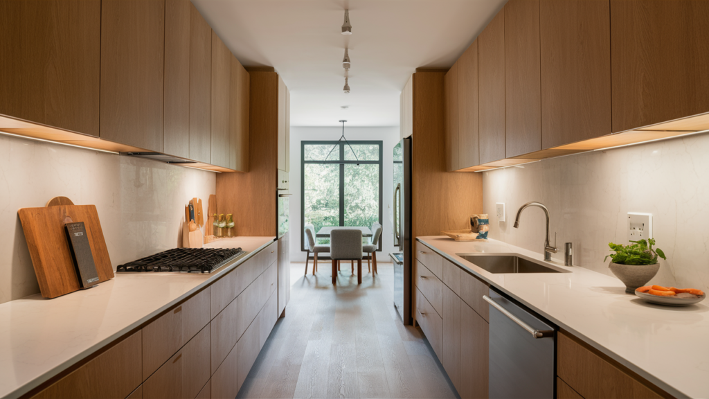 Design a galley kitchen with uniform cabinetry