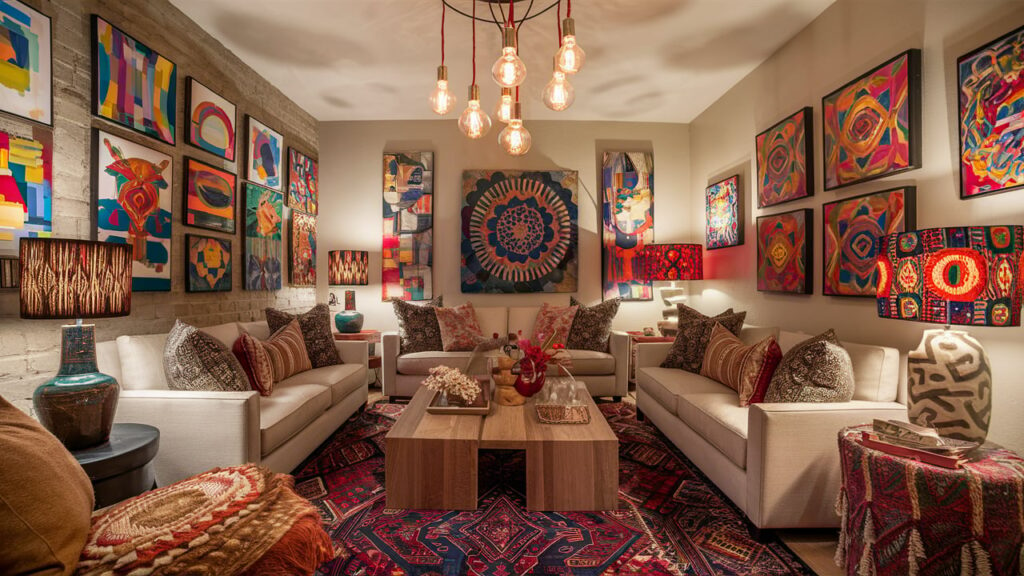 Eclectic artistic living room with a mix of abstract art