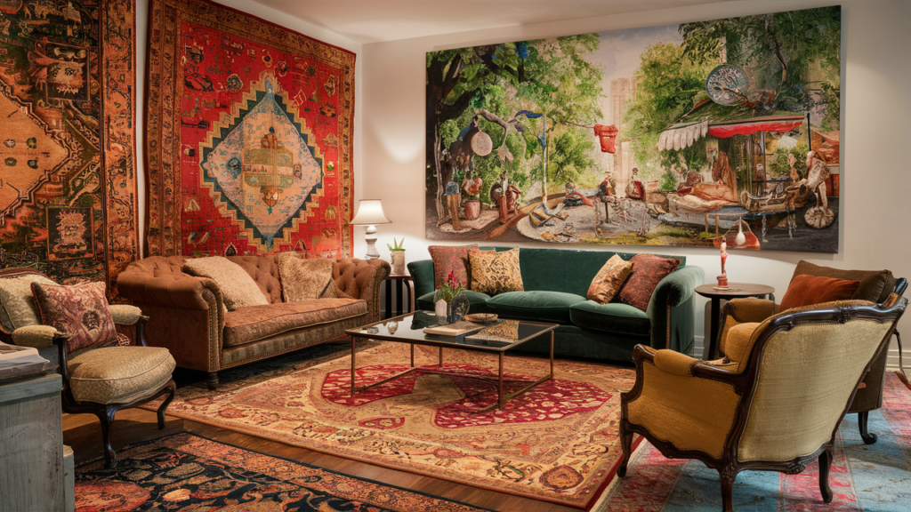 Eclectic artistic living room with large canvas art, custom rugs