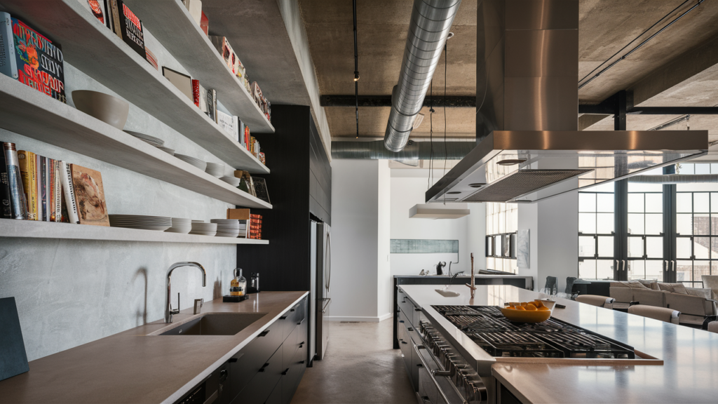 Edgy industrial kitchen design with open shelving