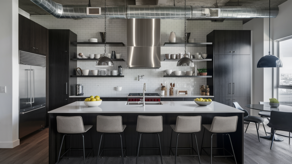 Edgy industrial kitchen design with open shelving, exposed ductwork