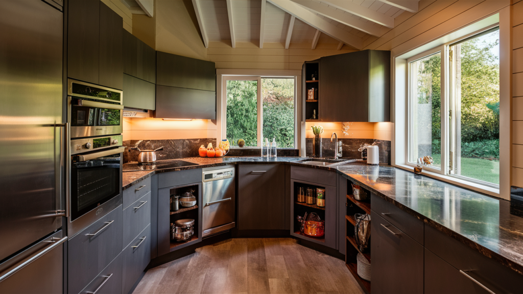 Efficient small kitchen with a corner layout, built-in appliances