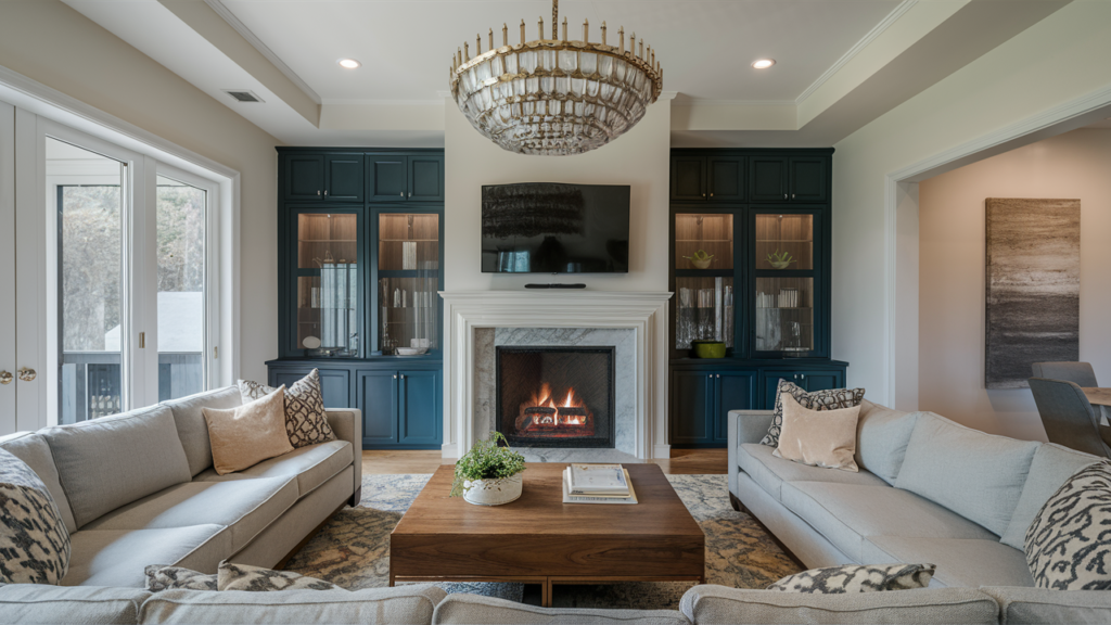 Elegant built-in fireplace with a marble surround