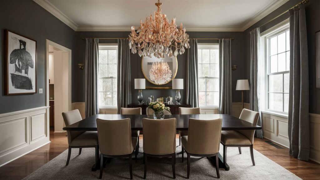 Elegant dining room with a dimmer switch on a chandelier