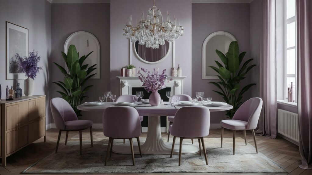 Elegant dining room with soft lavender accents