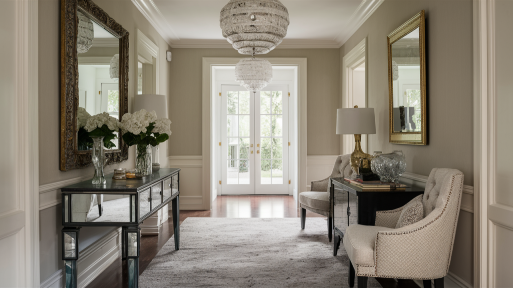 Elegant Hall Room With A Mirrored Console Table