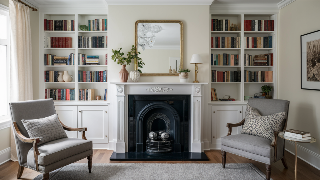 Elegant white fireplace with built-in bookshelves on either side,